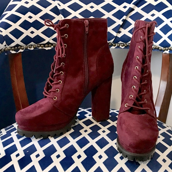 Shoes - Maroon suede like combat lace up ankle high heel boots